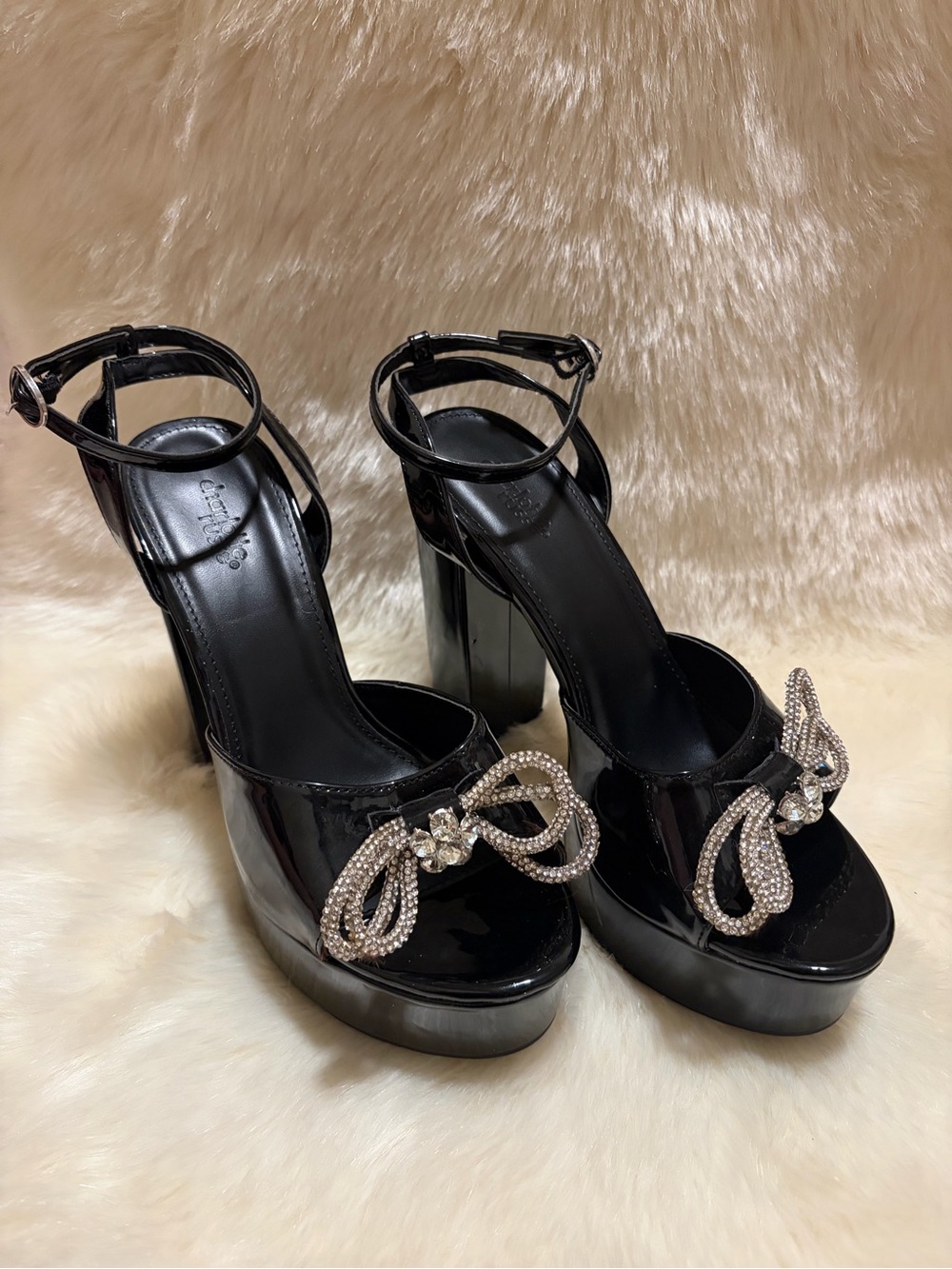 Charlotte Russe Black Patent Platform Sandals with Crystal Bow
